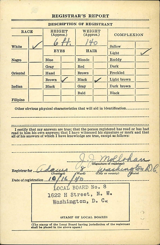 D.S.S. Form 1, Selective Training and Service Act of 1940 for Robert Jackson Rogers, Jr